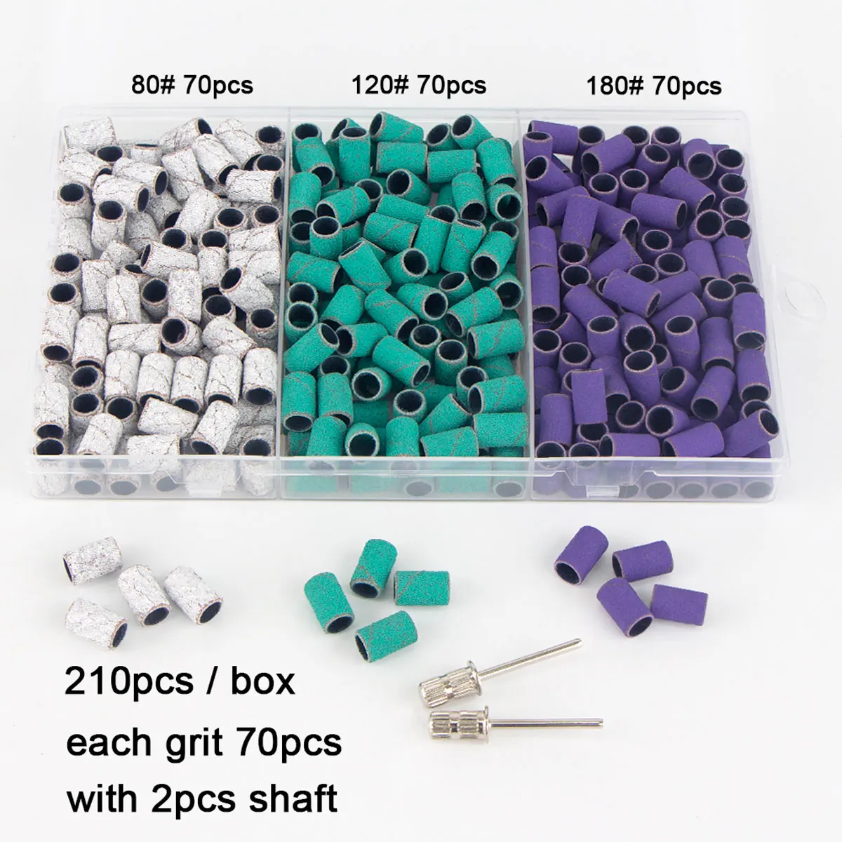 210Pcs/Box Sanding Bands With 2Pcs Shaft Set Foot Care Polishing Nail Gel Polish Remover Tools Milling Cutter Nail Dril Bits