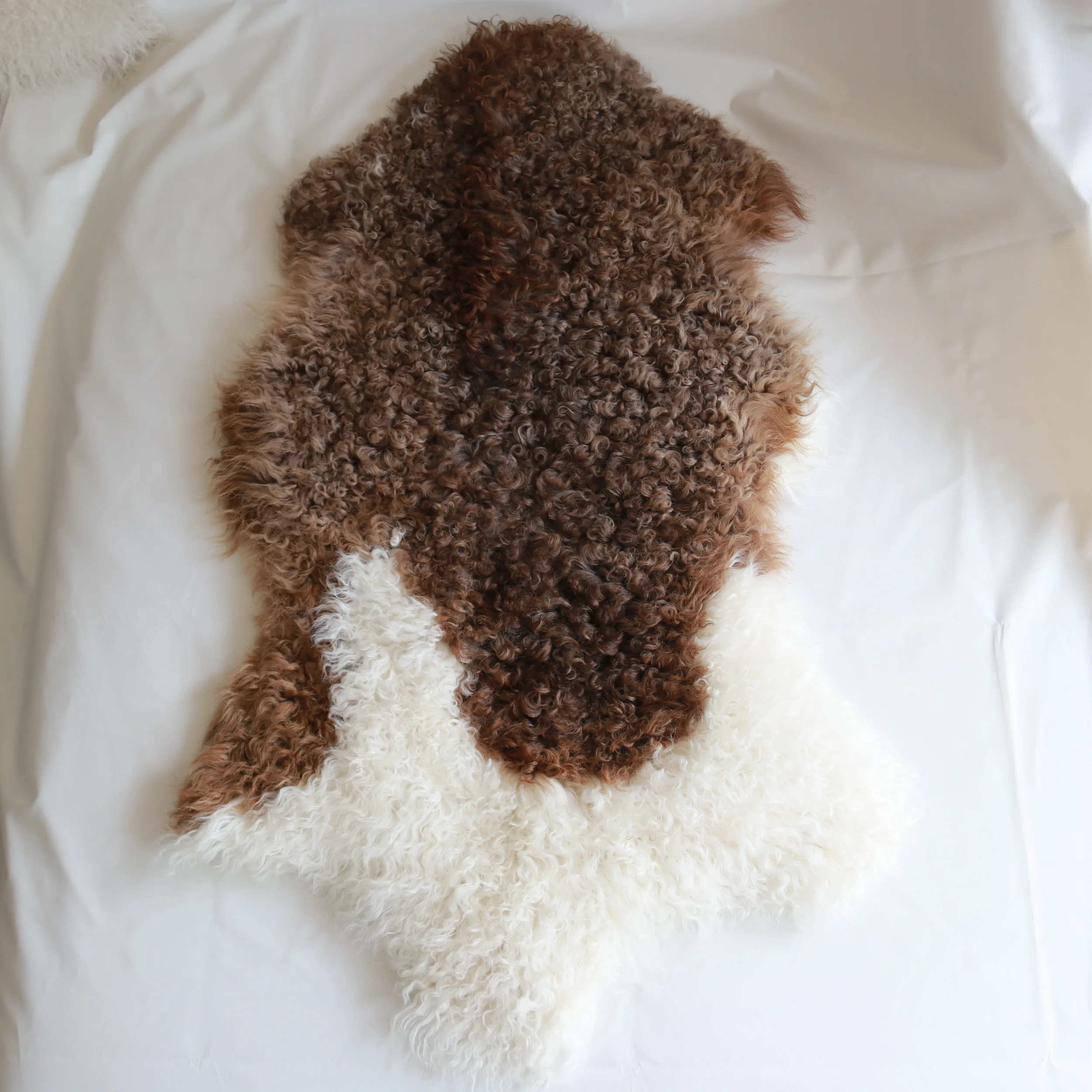 

SCMR01 Short Curly Tibetan Sheepskin Throw Unique Natural Brown White Color Mongolian Lamb Fur Skin Rug