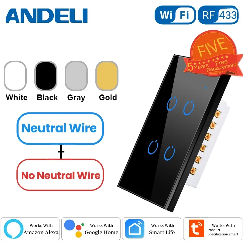 

Выключатель света ANDELI Tuya Smart Life с Wi-Fi, настенный сенсорный переключатель с нулевым/нулевым проводом, голосовое управление, Alexa Google Home