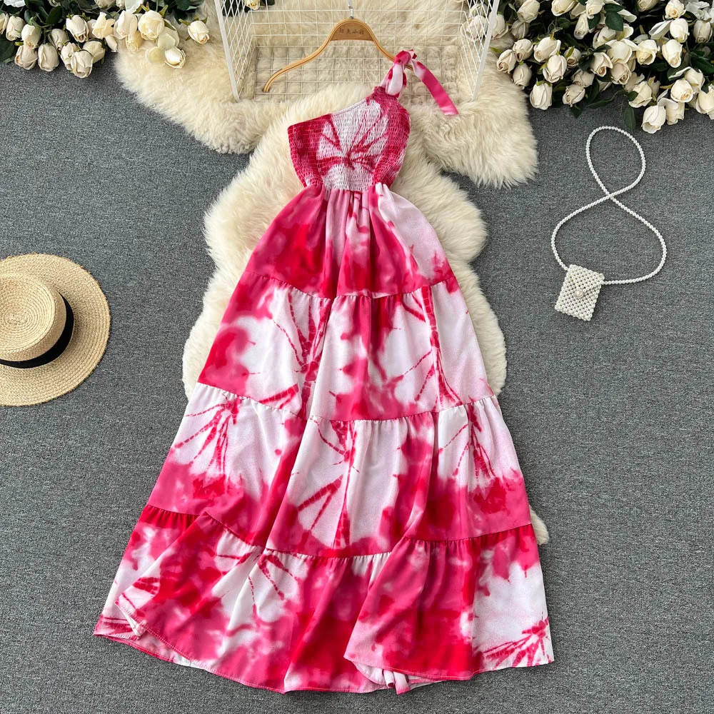 

2023 Summer Retro Tie-Dye Fashion Printed Suspender Skirt Seaside Vacation Beach Dress High Waist Slim Large Swing Dress Women