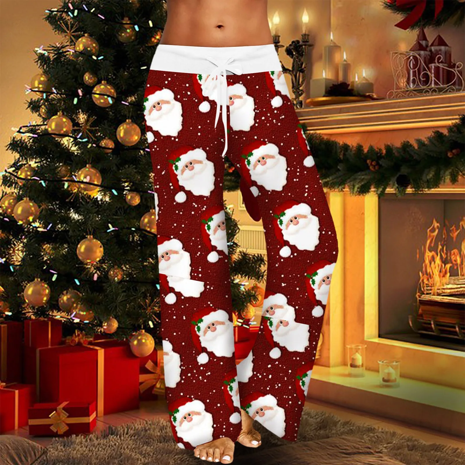 Christmas Wide Leg Pants Womens Christmas Pajama Trousers Xmas Funny Ugly Santa Claus Head Sweatpants Party Pantalone Female