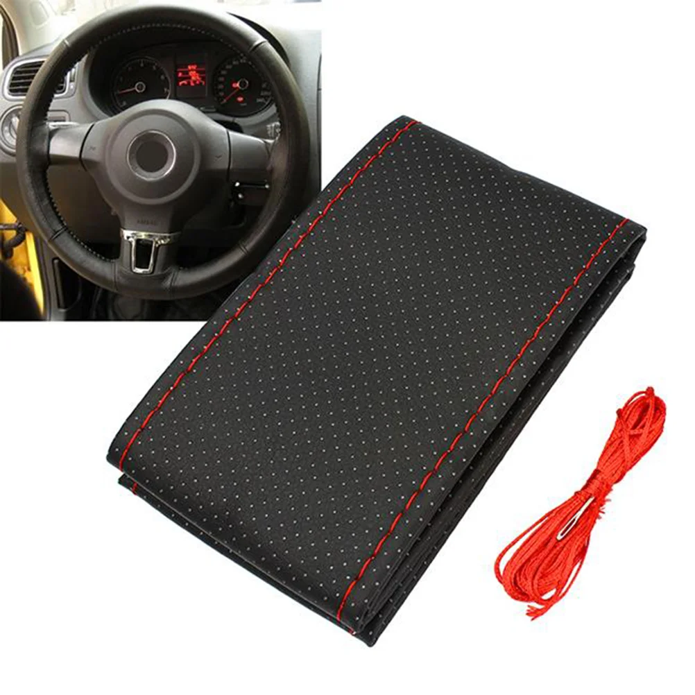 New Truck PU Car Steering Wheel Cover with Needle and Thread (Black+Red