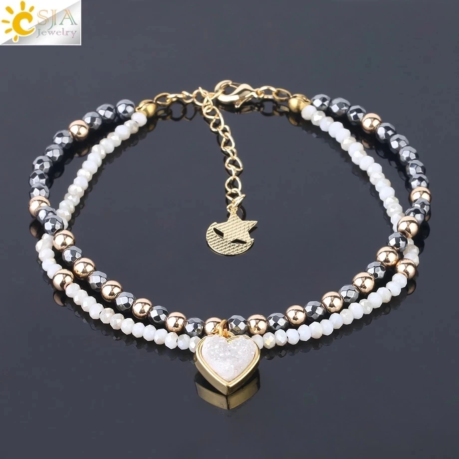 CSJA Natural Stone Hematite Bracelets Geode Druzy Crystal Bracelet Summer Statement 2 Strand Beads Women Jewelry