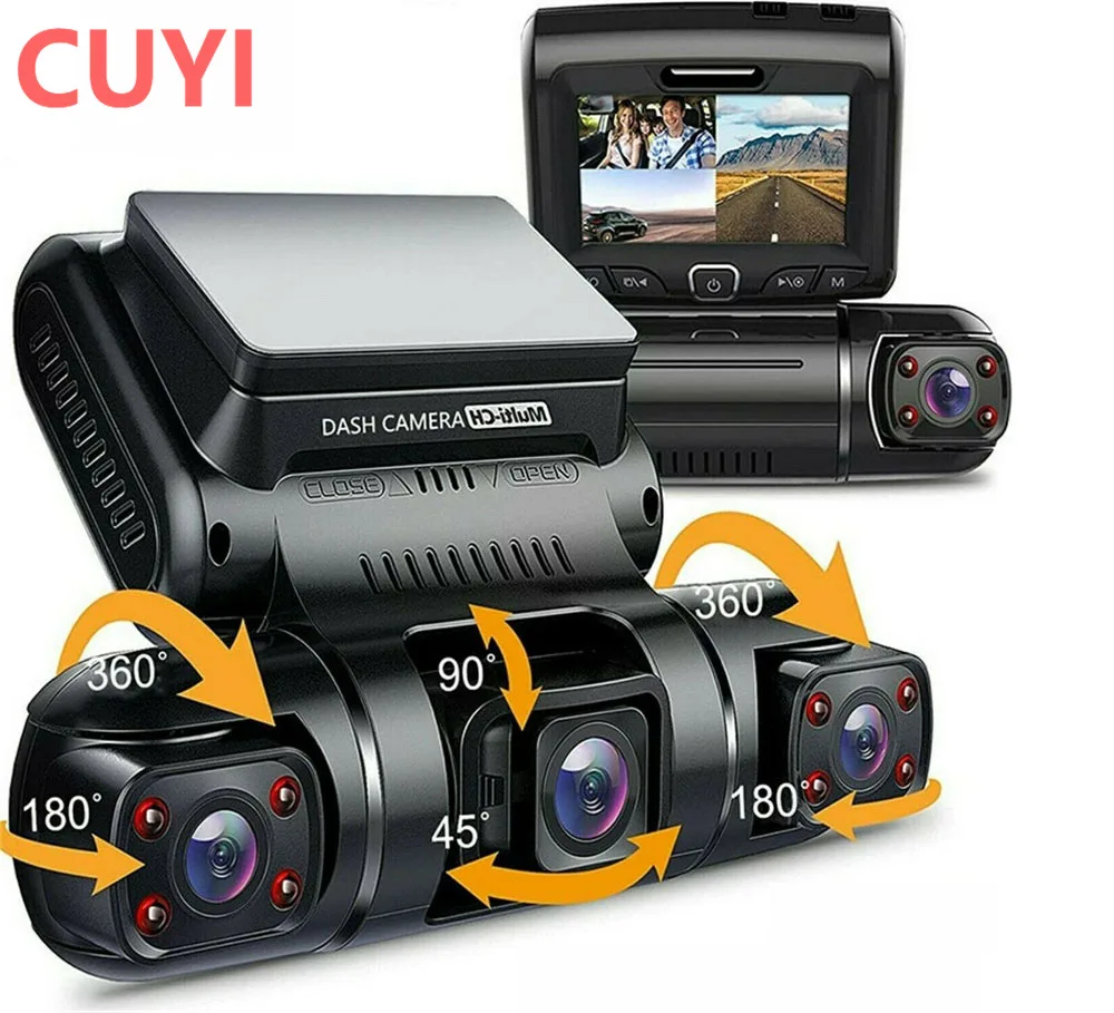 

Triple Lens Recorder Night Vision DVR 360 HD Wide Angle Camera LCD TF Car Dash cam
