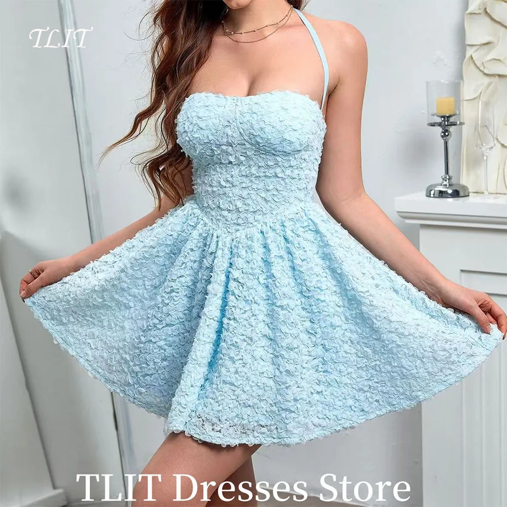 TLIT Sexy Baby Blue A-LINE Evening Dress Cocktail Party Spaghetti Strap Halter Mini-Length Prom Gown Formal Party