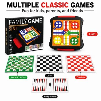 Set di Giochi da Tavolo 7-in-1 per Famiglia, Include Gioco del Serpente, Dama, Scacchi, Backgammon, Gomoku e Altro
