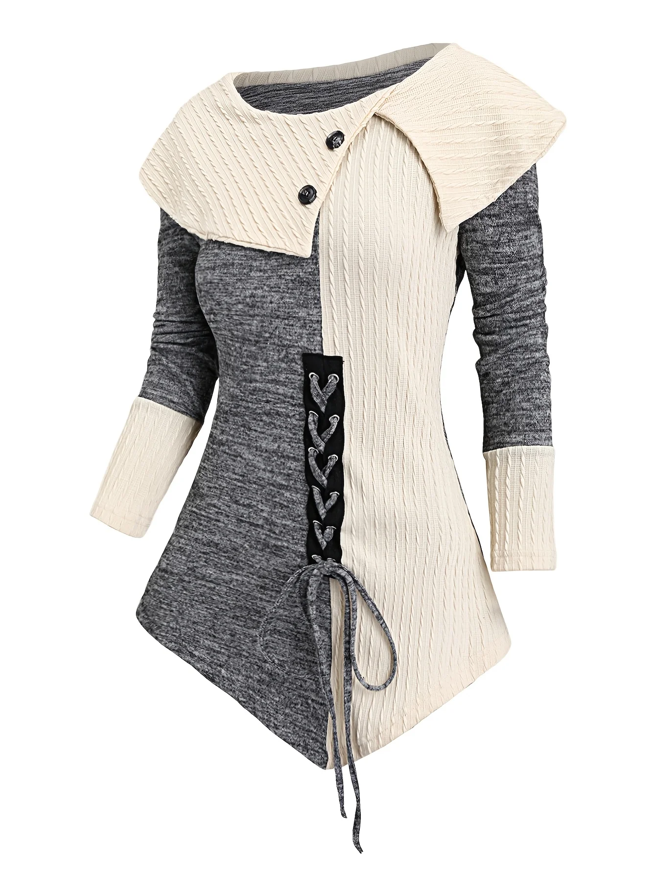 Europe and the United States fashion autumn and winter new lace-up decoration lapel imitation button hem long-sleeved shirt Best Sellers In Women's Clothing