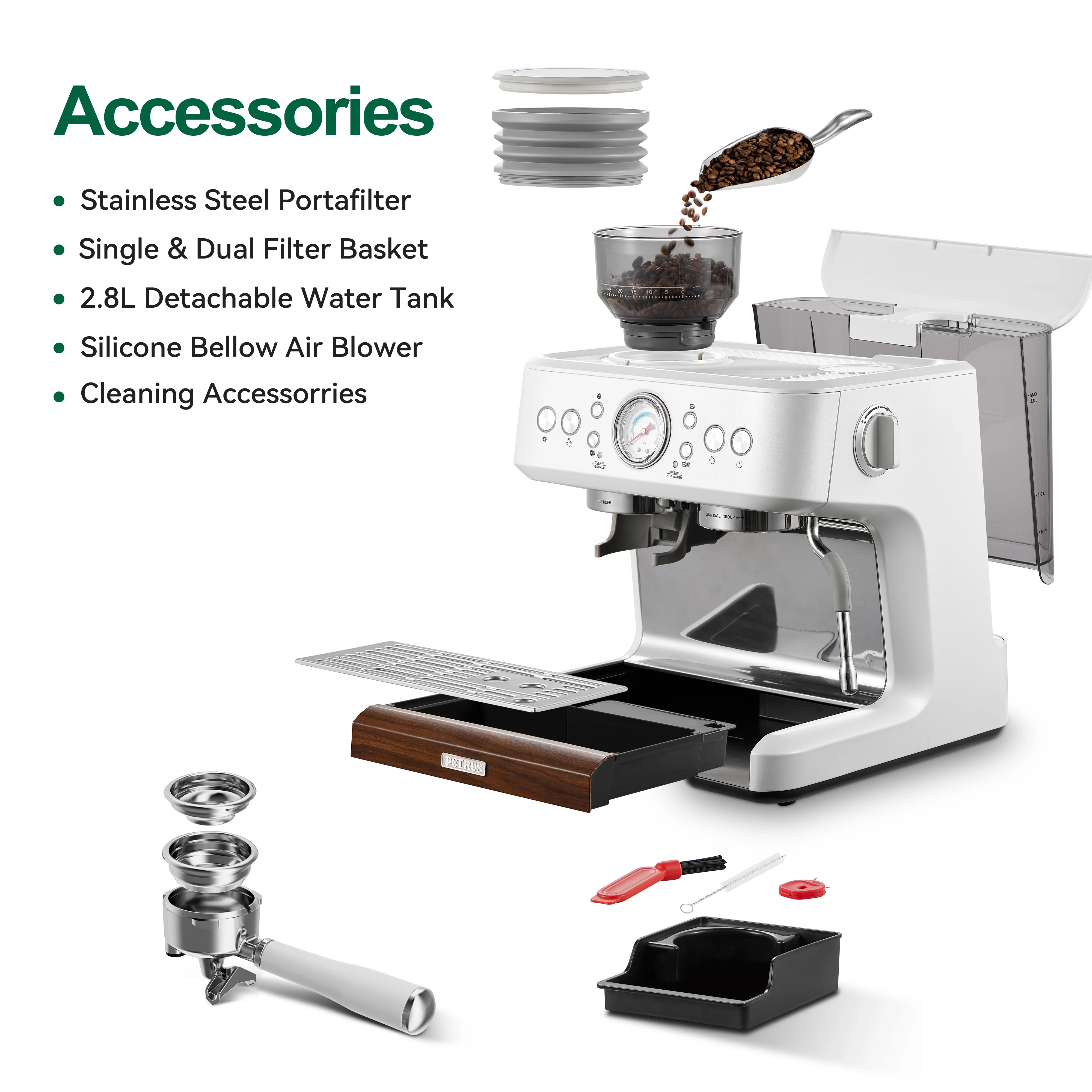 ماكينة اسبريسو بيتروس مع مطحنة، ماكينة صنع كابتشينو على طراز باريستا مع عصا بخار الحليب ماكينة صنع القهوة الاحترافية