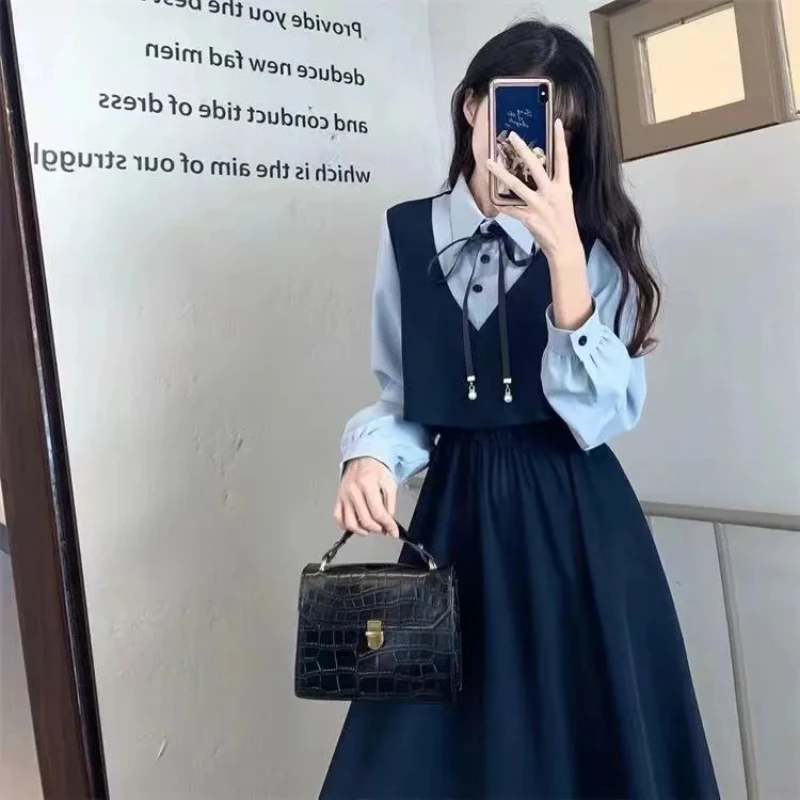 

Japanese Soft Sister Cute Lolita Dress for Women Sweet Long Sleeve Fake Two Piece Slim Student Dresses Party Retro Bow Vestidos