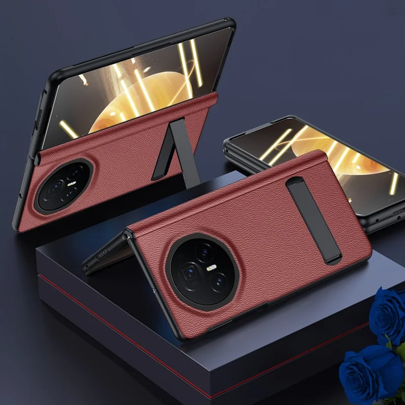 Luxury Magnetic Bracket Genuine Leather Case with Glass Film and Hinge Protection
