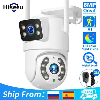 Hiseeu 와이파이 감시 카메라, 듀얼 렌즈, 4X 디지털 줌, AI 인간 감지, ONVIF 무선 야외 보안 PTZ IP 카메라, 4K 8MP