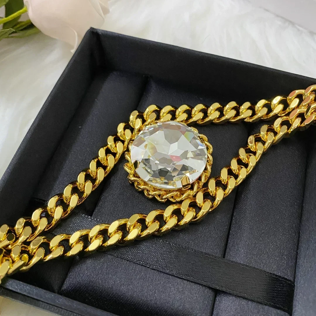 Vintage Large Crystal Plated 18K Gold Chain Necklace Choker Women