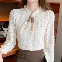 

2022 Spring Fashion Korean Blouses Women Half High Collar Straight Lace Casual Shirts Female Bow Lace Basic Blusas Mujer De Mode