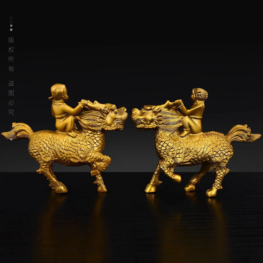 A Pair of Chinese Brass Kylin Qilin Statue, Boy & Girl Figurine with Gold Ingot & Ruyi Scepter, for Fertility Luck & Wealth