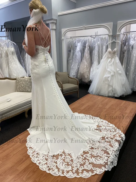 Emanyork luxury mermaid wedding dress party gown spaghetti straps sweetheart appliques personalised vestido de noiva civil