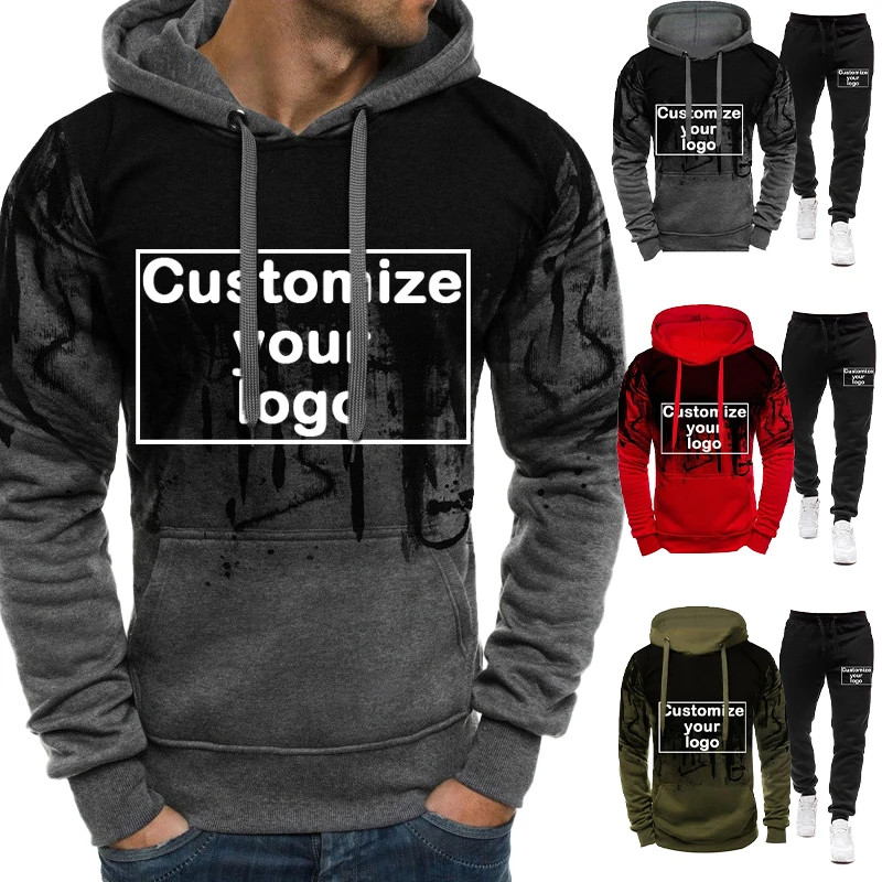 

Personalized men's sports set customize your logo with splashed ink hoodie and pants two piece hooded pullover set