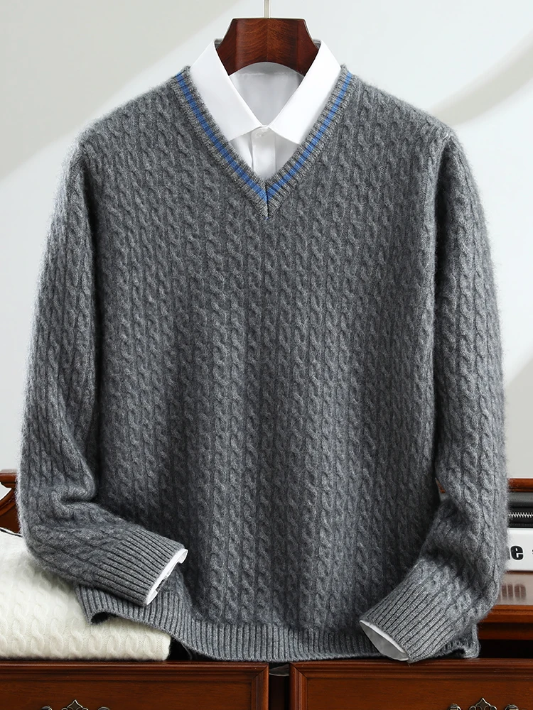 New Men's Sweater High-quality 100% Goat Cashmere V-Neck Pullovers Autumn Winter Thick Youth Jumper Men Large Size Knitwear Tops 2
