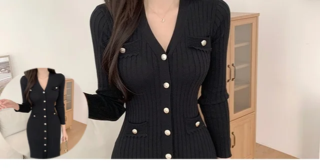 Korean Chic Knitted Dresses for Women V-neck Long Sleeve Slim Bodycon Ruffles Party Dress Casual Autumn Winter New Vestidos