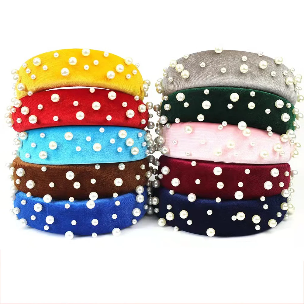 New Pearl Hairband Ladies Gold Velvet Sponge Cloth Hairband Lengthened and Thickened Wide-Brimmed Solid Color Hair Accessories velvet pearl necklace box elliptic jewelry packaging storage case boxes holder earrings stud display for wedding cases gift box