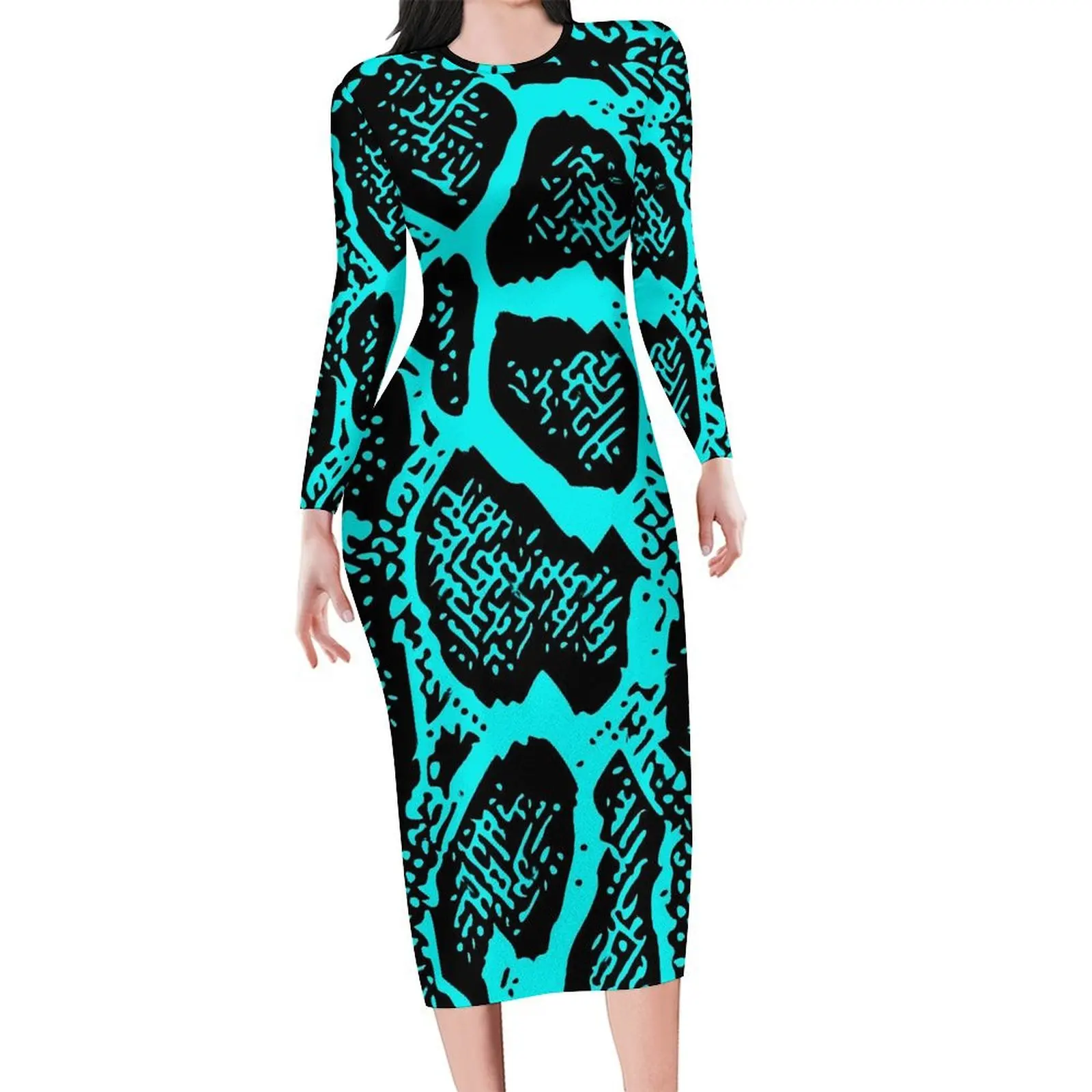 

Snakeskin Dress Long Sleeve Cyan and Black Python Skin Aesthetic Dresses Spring Modern Bodycon Dress Female Oversized Clothing