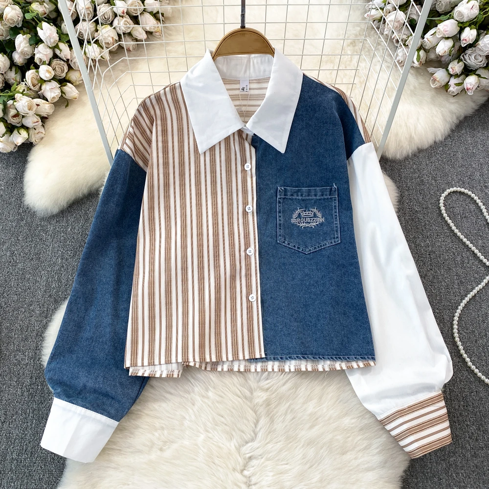 

Clothland Women Sweet Striped Denim Patchwork Blouse Long Sleeve Spliced Shirt Female Chic Tops Blusa Mujer LB043