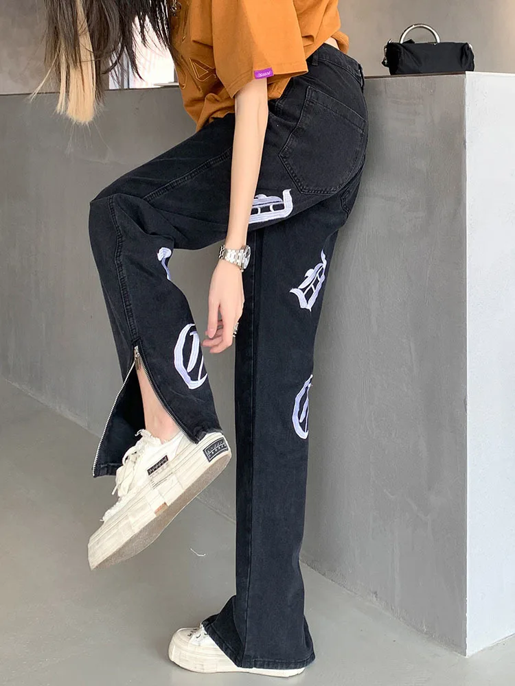 GVUW 2022 Spring Women Jeans New Fashion Embroidery Split Zipper High Waist Loose Straight Denim Pants Female Streetwear 20A765 womens clothing