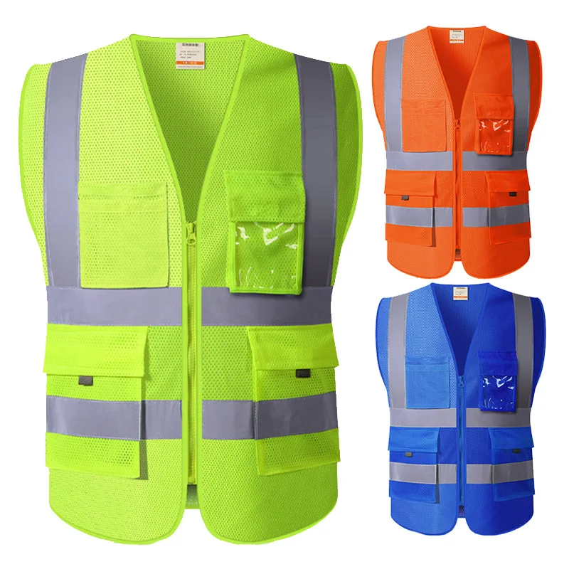

Высокопрочный жилет высокой видимости Hi Vis VIZ, жилет из светоотражающей сетки, жилет безопасности со множеством карманов и светоотражающими полосками, мужская летняя одежда