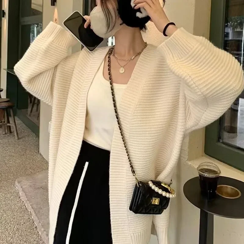 

Women's Loose Knit Cardigan Sweater, Monochromatic, Casual Coat, Female Lazy Wind Clothing, V-Neck, Long Sleeve, Spring, Autumn