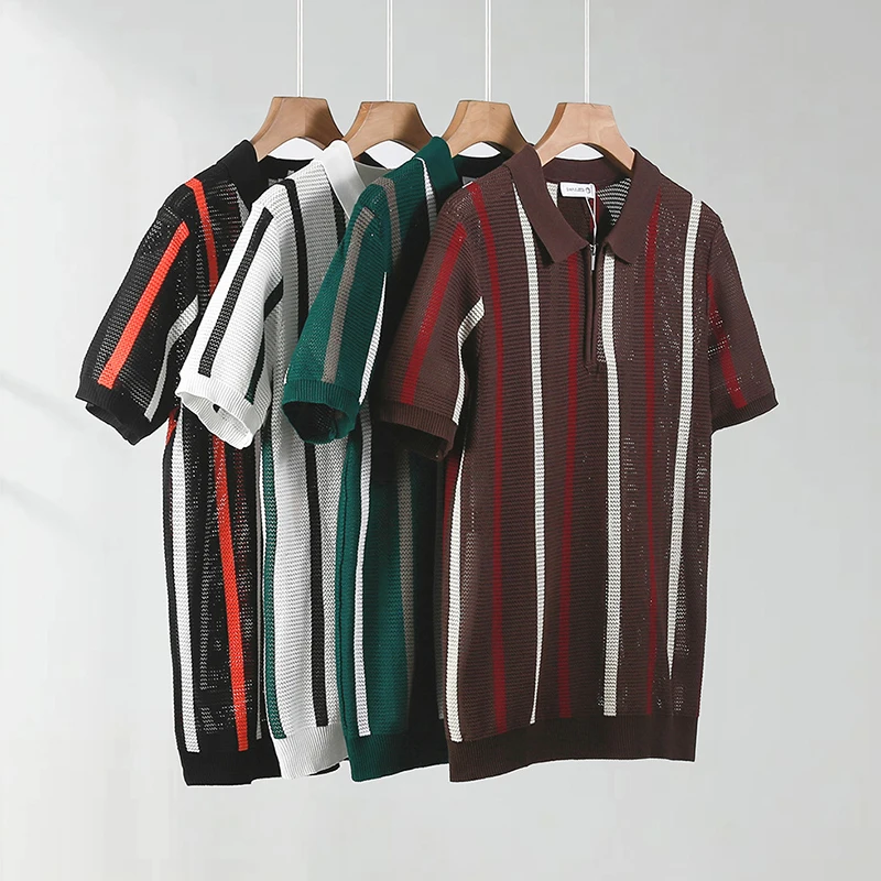 Stylish Mens Knitting Mesh Polo Shirts 2025 Summer Casual Hollow Out Knitted Polo Shirt Men Vintage Striped Lapel Zipper Polos 6 S7bb9d8f13fff4b43bc94d2d739ac929dS