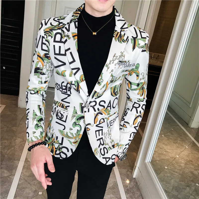 Spring and Autumn Men Suit New Product Fashion Trendy Men's Letter Printed Small Suit Floral Men's Casual Clothing