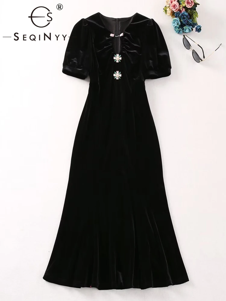 

SEQINYY Elegant Black Dress Knee Early Spring New Fashion Design Women Runway Beading Short Sleeve Velvet A-Line Slim Party