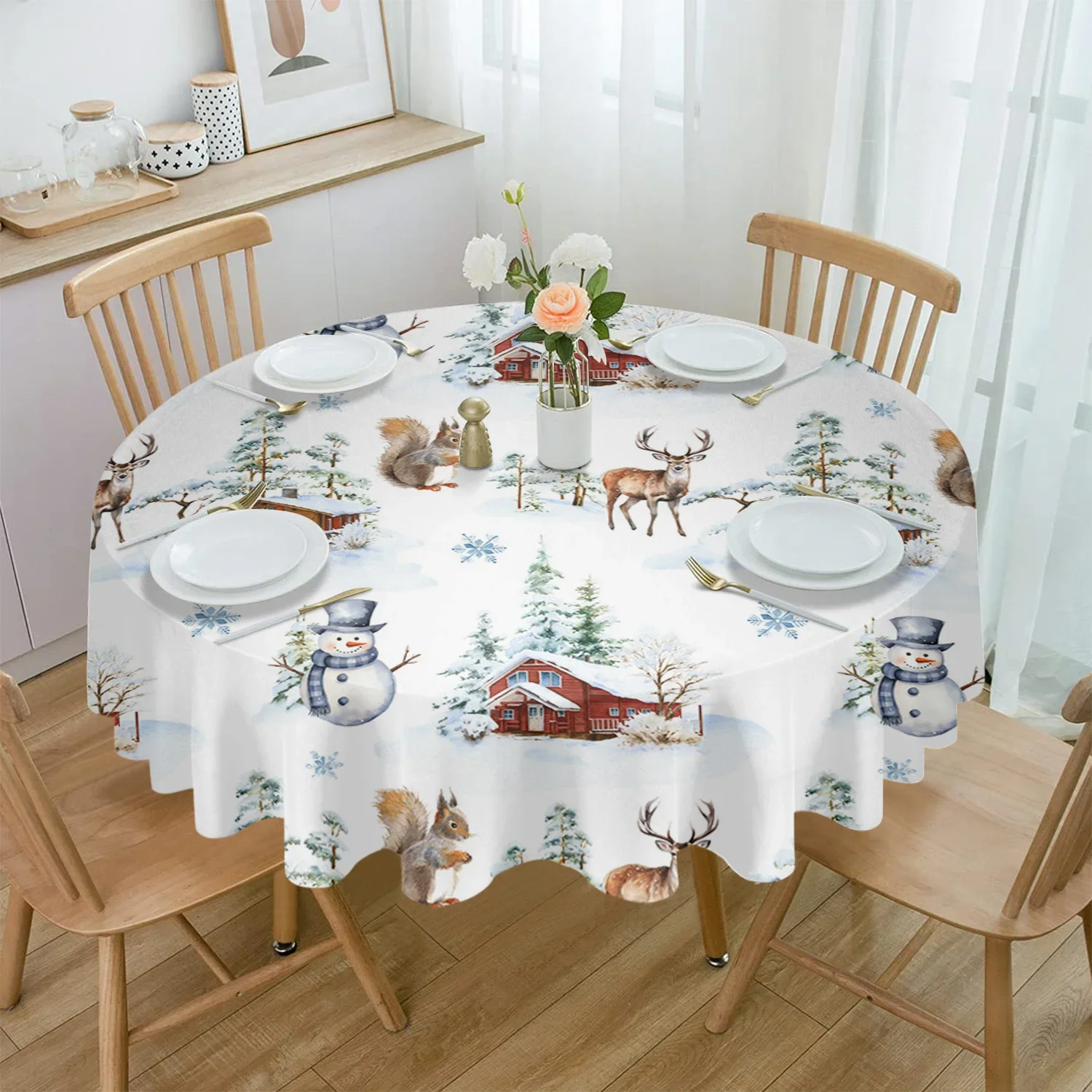 

Christmas Farmhouse Snowman Elk Round Tablecloth Waterproof Wedding Decor Table Cover Xmas Home Decorative Tablecloth