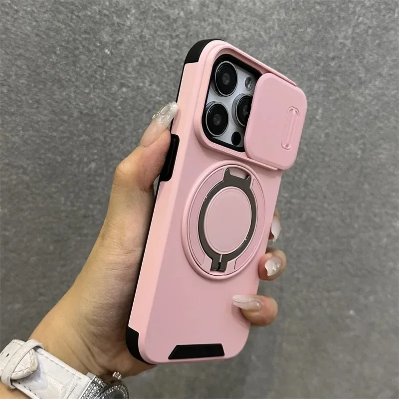 Luxury Heavy-Duty Rugged Armor Magnetic Bracket Case For iPhone 16 15 14 13 12 11 Pro Max Plus Slide Camera Protection PC Cover 1