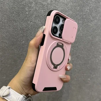 Luxury Heavy-Duty Rugged Armor Magnetic Bracket Case For iPhone 16 15 14 13 12 11 Pro Max Plus Slide Camera Protection PC Cover 1