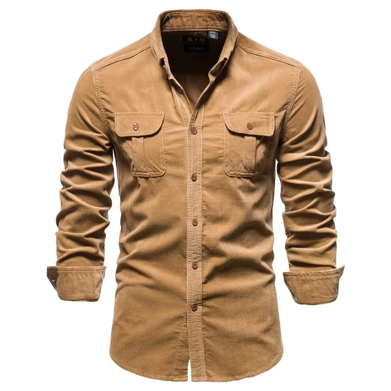 

New Hight Quality Men Shirts Single Breasted 100% Cotton Mens Shirt Business Casual Fashion Solid Corduroy Slim Fit Dress