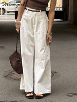 Pantalon en coton et lin blanc pour femmes, jambes larges, formel, été, jambe droite, costume, taille haute, pantalon formel pour dames, ample 2