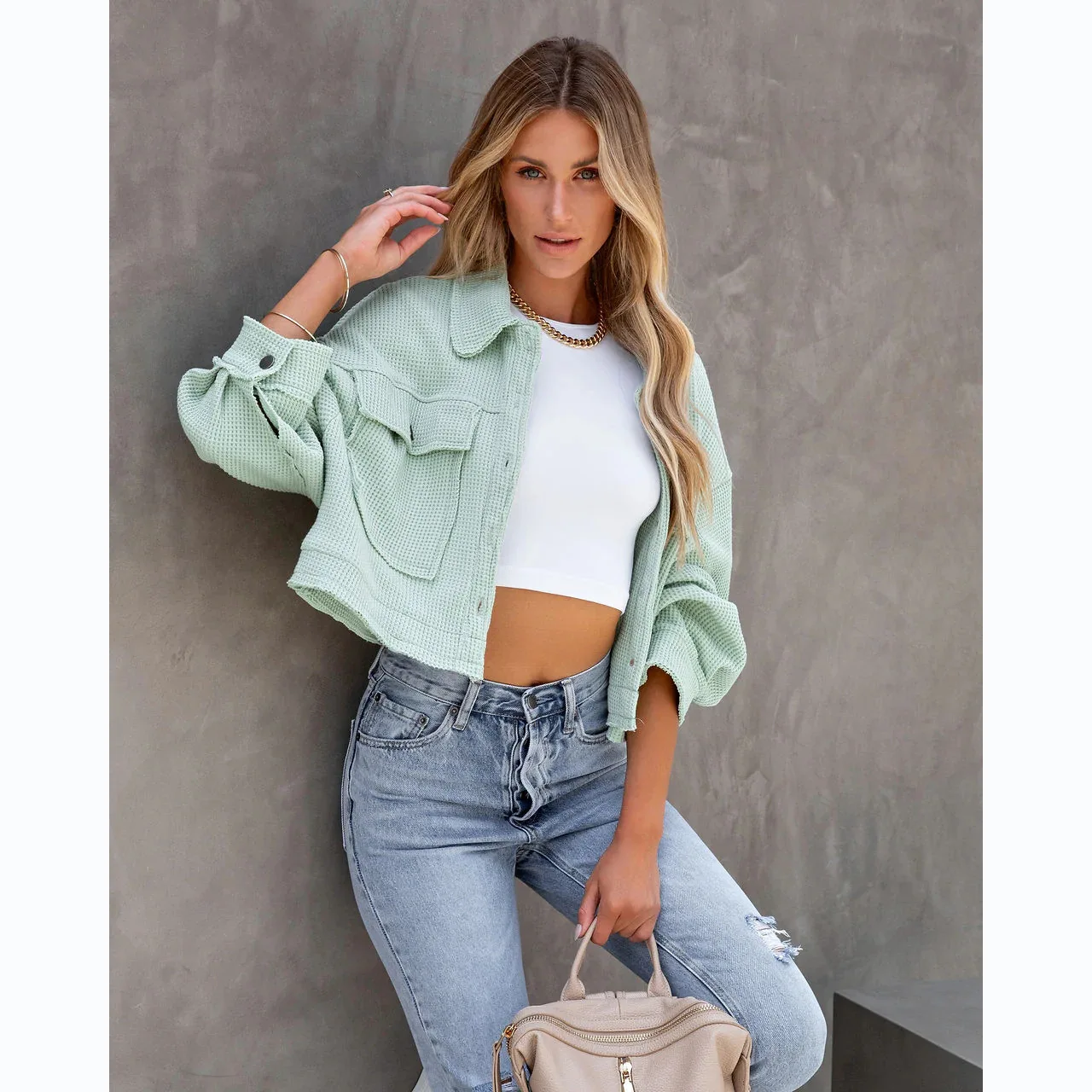 Autumn and Winter Coat Fashion Cardigan Ladies Cropped Jacket Corduroy Loose Lapel Casual Jacket Button Pocket Crop Top Jacket