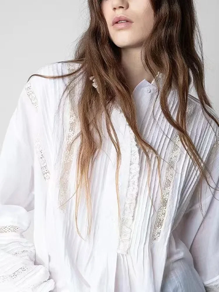 

Women's Blouse 2023 New Lace Stitching Stand Collar Loose Casual Long Flared Sleeve Shirt with Buttons