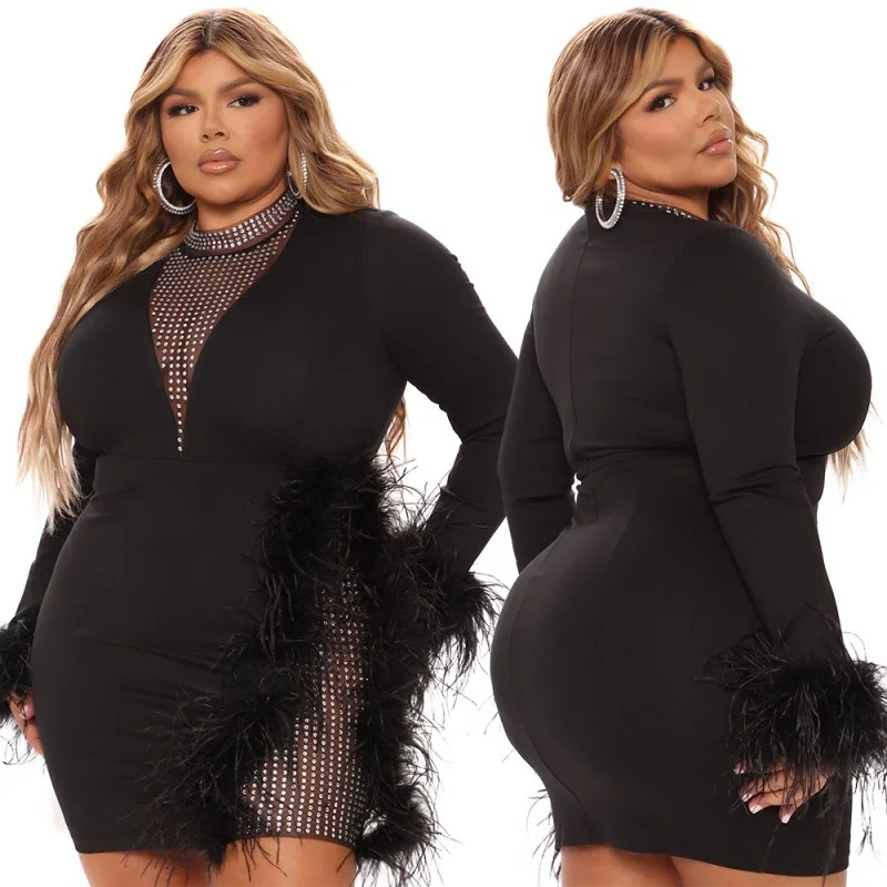 Plus Size Fashion Women Hip Wrapped Short Dress Solid Color Mesh Feather Patchwork Party Nightclub Oversize Dress Summer 2023