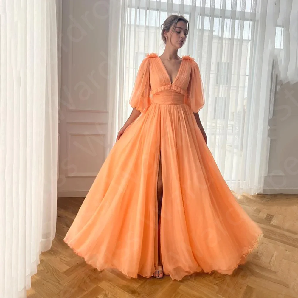 

Charming Latest Orange Prom Gowns 3/4 Sleeves Thigh Split Evening Dresses 2024 V Neck Wedding Party Dresses Back Out Sweep Train