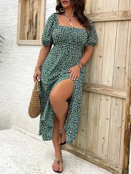 【Plus Size】Ditsy Floral Print Square Neck Dress, Casual Fashion Long Sleeve Dress for Daily Outdoor Wear, Women Plus Clothing fo
