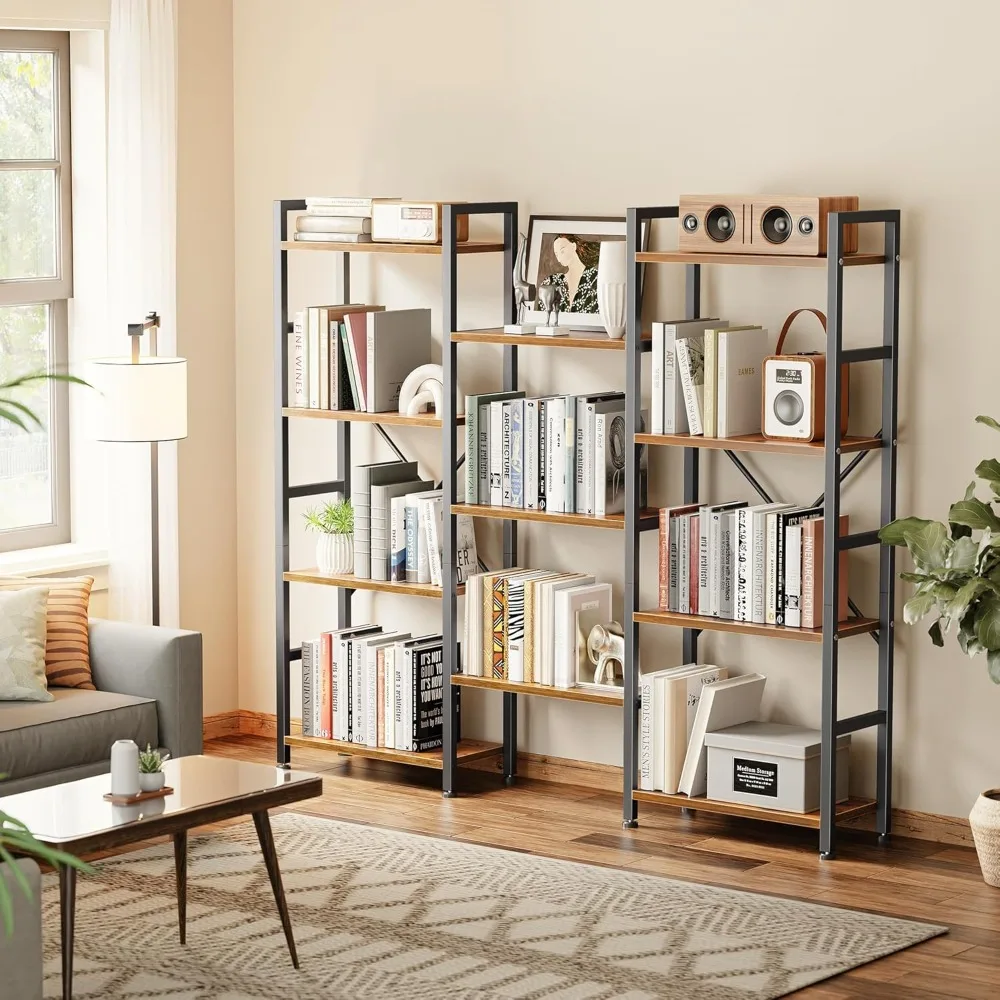 Triple 4 Tier Bookshelf, Bookcase with 11 Open Display Shelves, Wide Book Shelf Book Case for Home & Office, Rustic Brown 2
