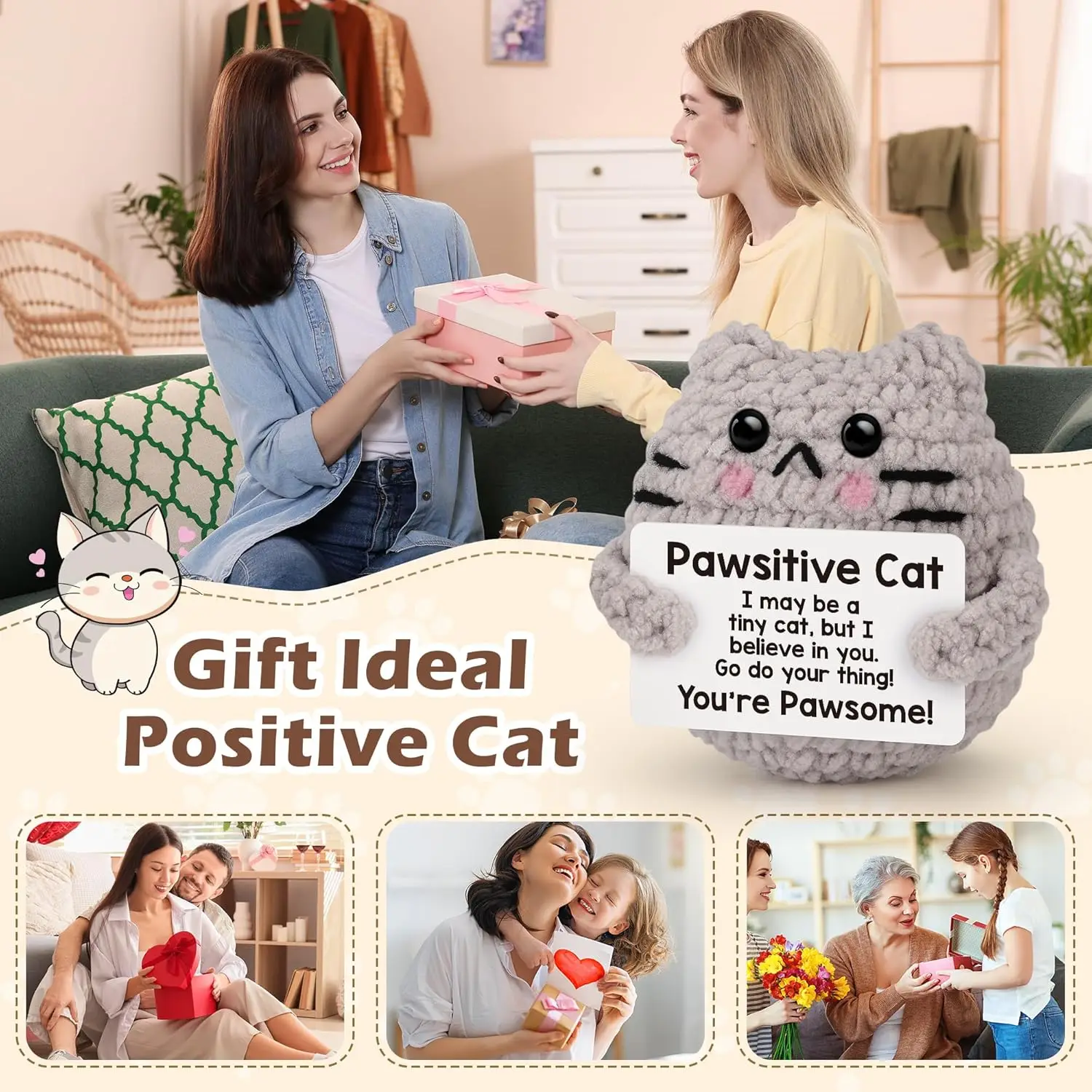Emotional Support Cat Gift Funny Positive Crochet Cat With Card Positive Gifts | UK