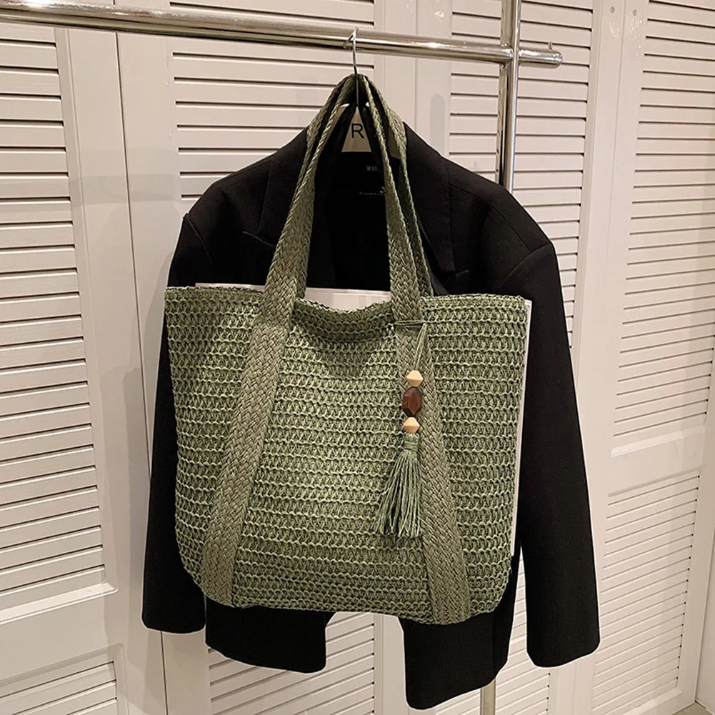 Large Capacity Top-Handle Bags Summer Ladies Woven Bag Fashion Handmade Simple with Tassel Pendant Shopping Handbag Tote