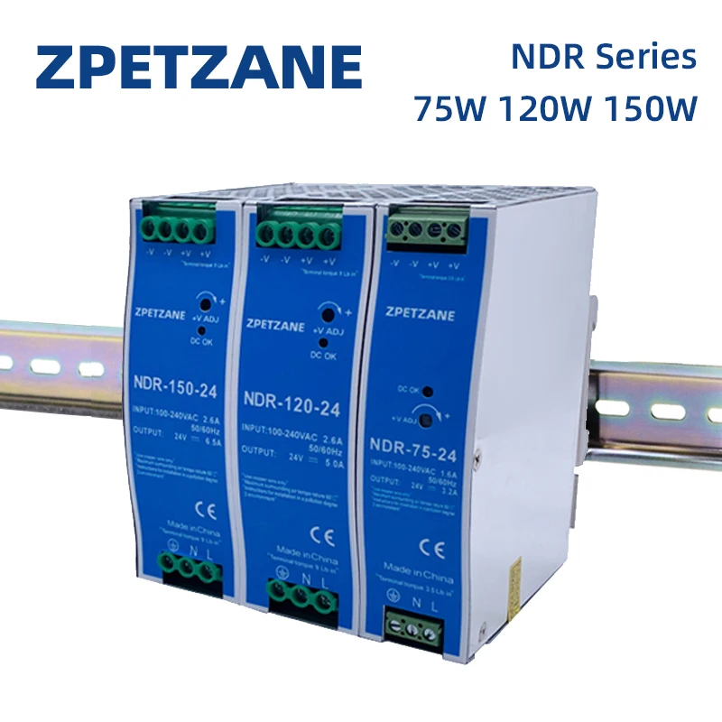 NDR-75/120/150W Switch Mode Power Supply 12/24V Ultra Thin DIN Rail Mount Single Output AC DC For Electrical Equipment