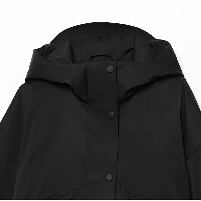 Mode Schwarz Wasserdichte Kapuzenjacke Frauen Volle Hülse Front Zipper Taschen Gestellte Oberbekleidung 2025, Herbst Weibliche Sport Mantel – Detail 3