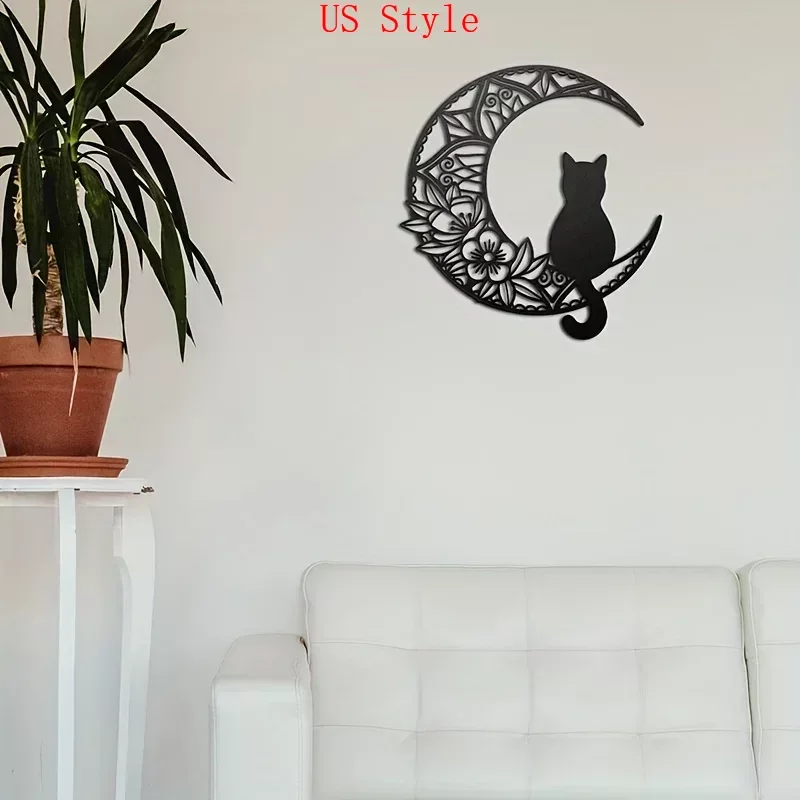 

1pc Cat and Moon Metal Home Decor Black Cat on The Moon Wall Pediments Black Cat Wall Sculpture Cats Lover Wall Hanging Decor Ga