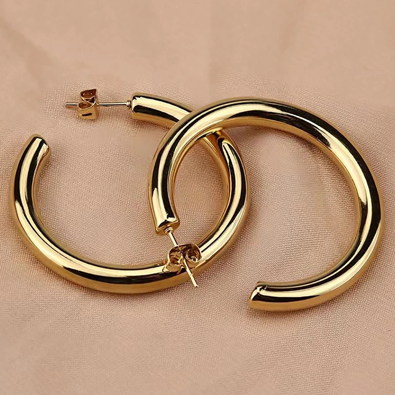 Exaggerated Hollow Thick Big Circle Hoop Earrings For Women Stainless Steel C-Ring Chunky Piercing Earrings Fashion Jewelry Gift 5