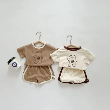 남녀공용 캐주얼 스포츠 O-넥 티셔츠 및 반바지, 만화 프린트 상의, 루즈 코튼 소프트 스킨, 여름 아동복, 2 개 세트
