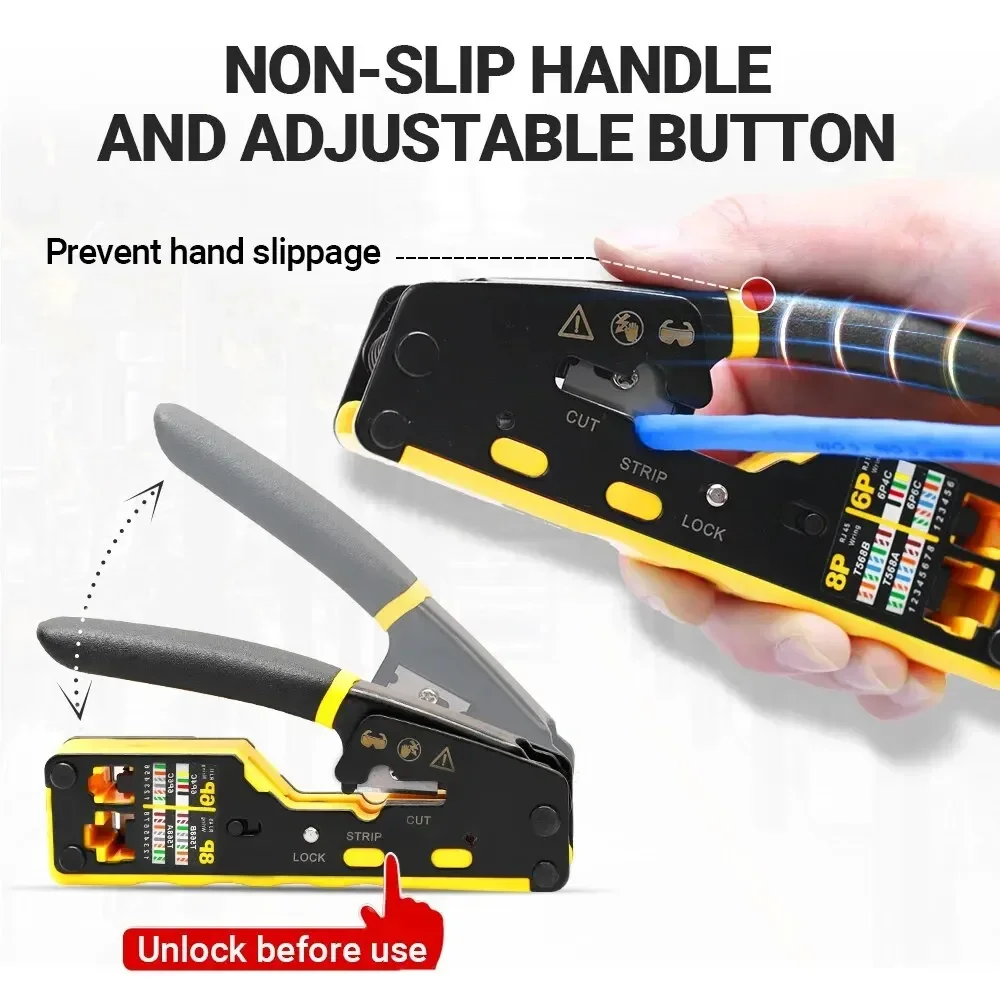 Network Crimper EZ-Type RJ45 3-in-1 Crimp/Cut/Strip Lan CAT8/7/6A/6/5E (STP/UTP) & RJ11/12 Tel Modular Cable (AM-6088)
